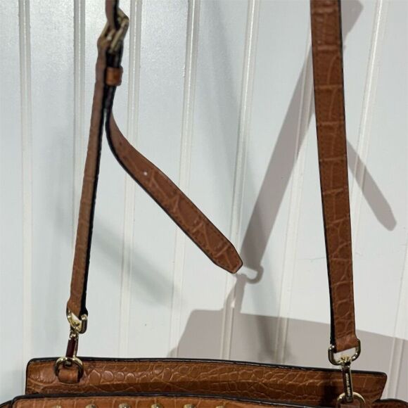 Michael Kors Croc Embossed Canvas Satchel Tote Brown Tan Studded Shoulder Bag - Picture 7 of 10